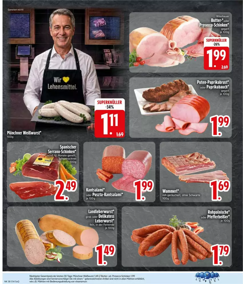 Aktueller Prospekt Edeka - Prospekte - von 14.09 bis 19.09.2026 - strona 16 - produkty: Abtei, Bau, butter, ecco, HP, leberwurst, merl, paprika, prosecco, salami, schinken, tee, Ti, Weißwurst, wurst, ZTE