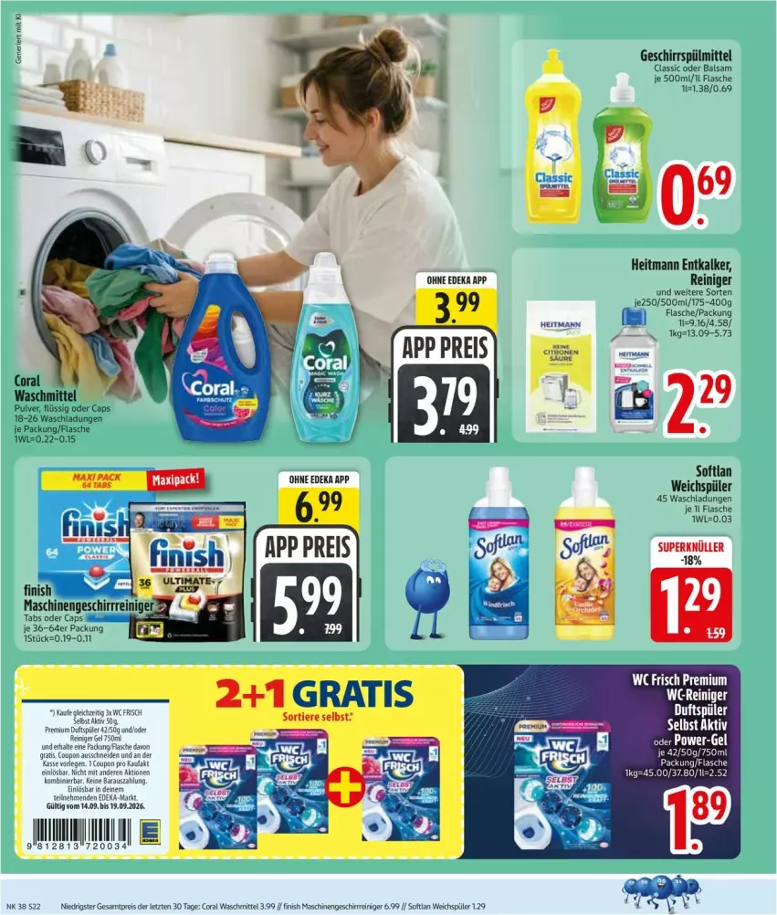 Aktueller Prospekt Edeka - Prospekte - von 14.09 bis 19.09.2026 - strona 24 - produkty: balsam, Cap, Coral, coupon, deka, eis, entkalker, Finish, flasche, geschirr, geschirrspülmittel, heitmann, reiniger, reiniger gel, reis, Softlan, spülmittel, Ti, Tiere, waschmittel, wc frisch, weichspüler, ZTE