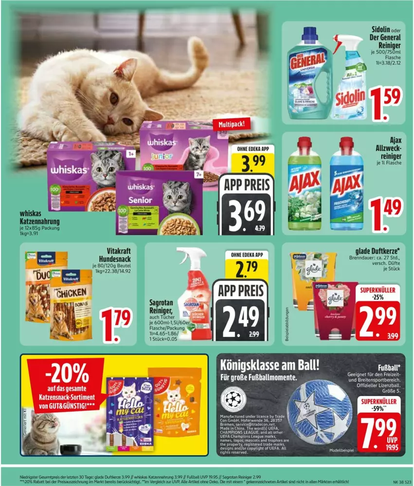 Aktueller Prospekt Edeka - Prospekte - von 14.09 bis 19.09.2026 - strona 25 - produkty: ajax, auer, ball, beispielabbildung, beutel, Duftkerze, eis, ente, flasche, Fußball, Glade, hundesnack, katzennahrung, katzensnack, kerze, kraft, reiniger, reis, sagrotan, sidolin, snack, Ti, tücher, vita, vitakraft, weck, whiskas, ZTE