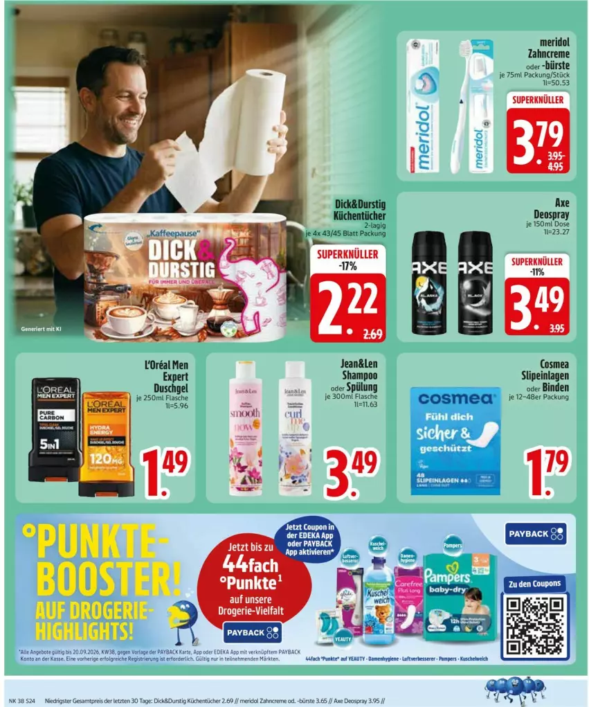 Aktueller Prospekt Edeka - Prospekte - von 14.09 bis 19.09.2026 - strona 26 - produkty: angebot, angebote, axe, binden, bürste, cosmea, coupon, creme, deka, deo, deospray, duschgel, eis, küche, Küchen, küchentücher, meridol, pampers, payback, reis, shampoo, slip, slipeinlagen, spülung, Ti, tücher, zahncreme, ZTE