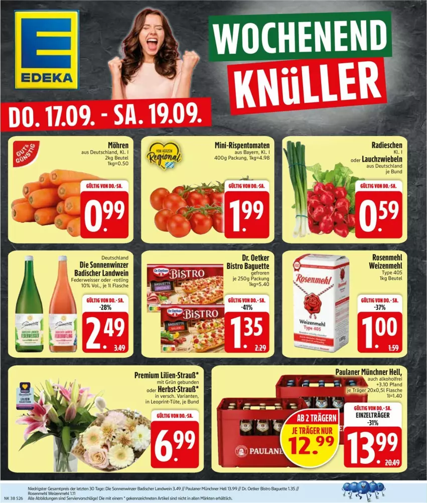 Aktueller Prospekt Edeka - Prospekte - von 14.09 bis 19.09.2026 - strona 30 - produkty: Bad, baguette, beutel, Bistro Baguette, Dr. Oetker, eis, flasche, Lauchzwiebel, lauchzwiebeln, mehl, mini-rispentomaten, möhren, Paula, paulaner, radieschen, Ria, rispentomaten, rosen, Rosenmehl, rwe, tomate, tomaten, Tüte, type 405, wein, weizenmehl, ZTE, zwiebel, zwiebeln