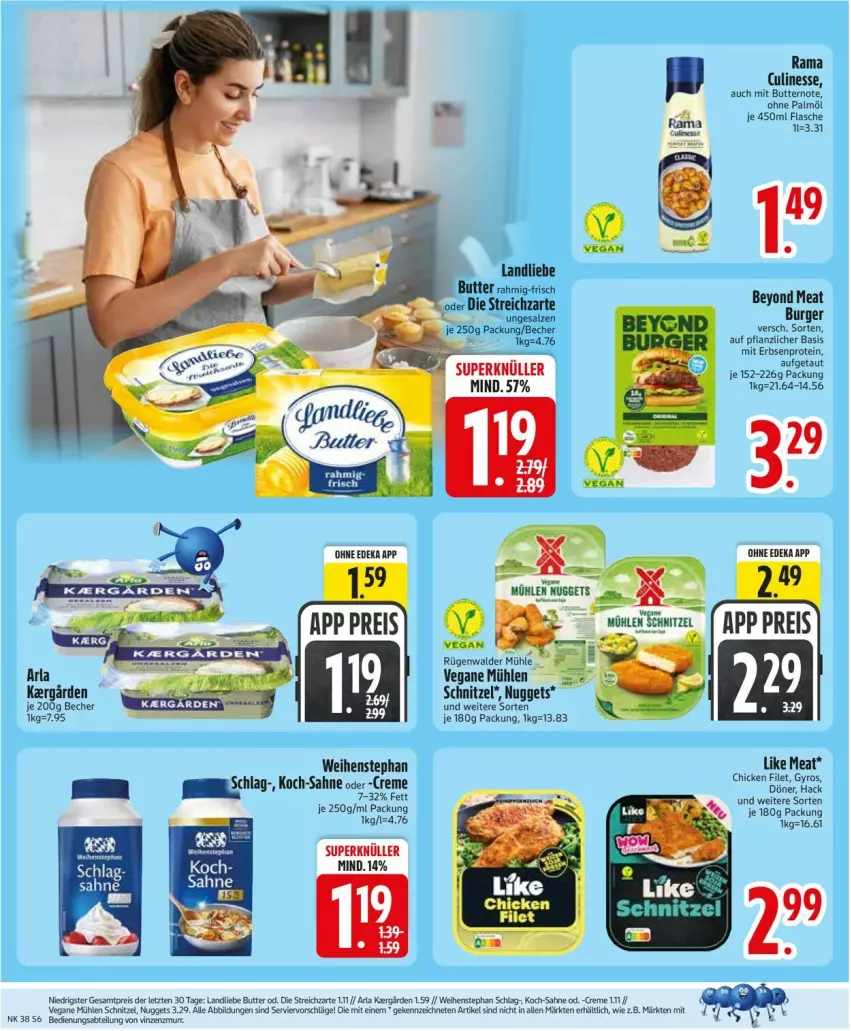 Aktueller Prospekt Edeka - Prospekte - von 14.09 bis 19.09.2026 - strona 8 - produkty: arla, Becher, burger, butter, creme, culinesse, deka, eis, erbsen, filet, flasche, gyros, landliebe, Like Meat, nuggets, ohne palmöl, rama, Rama Culinesse, reis, rügenwalder, rügenwalder mühle, sahne, schnitzel, weihenstephan, Yo, ZTE