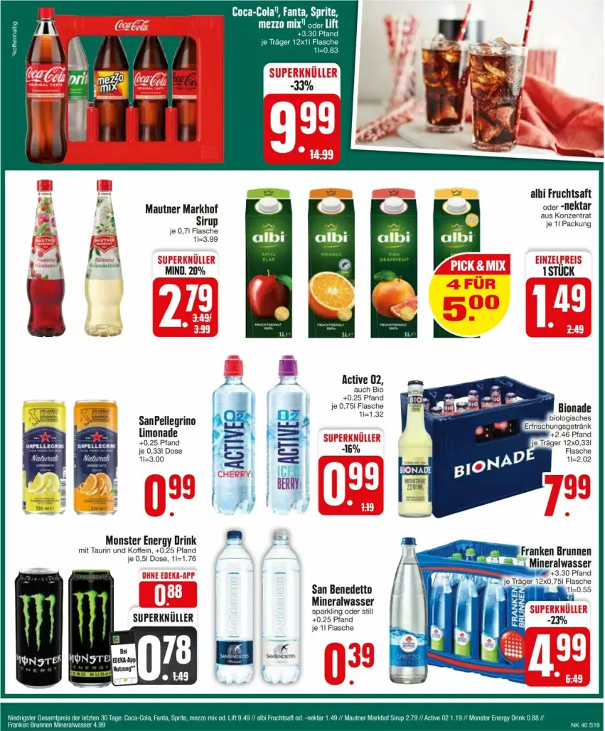 Aktueller Prospekt Edeka - Prospekte - von 30.09 bis 05.10.2024 - strona 21 - produkty: Alwa, bio, brunnen, drink, elle, energy drink, erfrischungsgetränk, flasche, franken brunnen, frucht, fruchtsaft, getränk, limo, limonade, Mautner, mineralwasser, monster, Monster Energy, saft, sanpellegrino, sirup, Ti, wasser