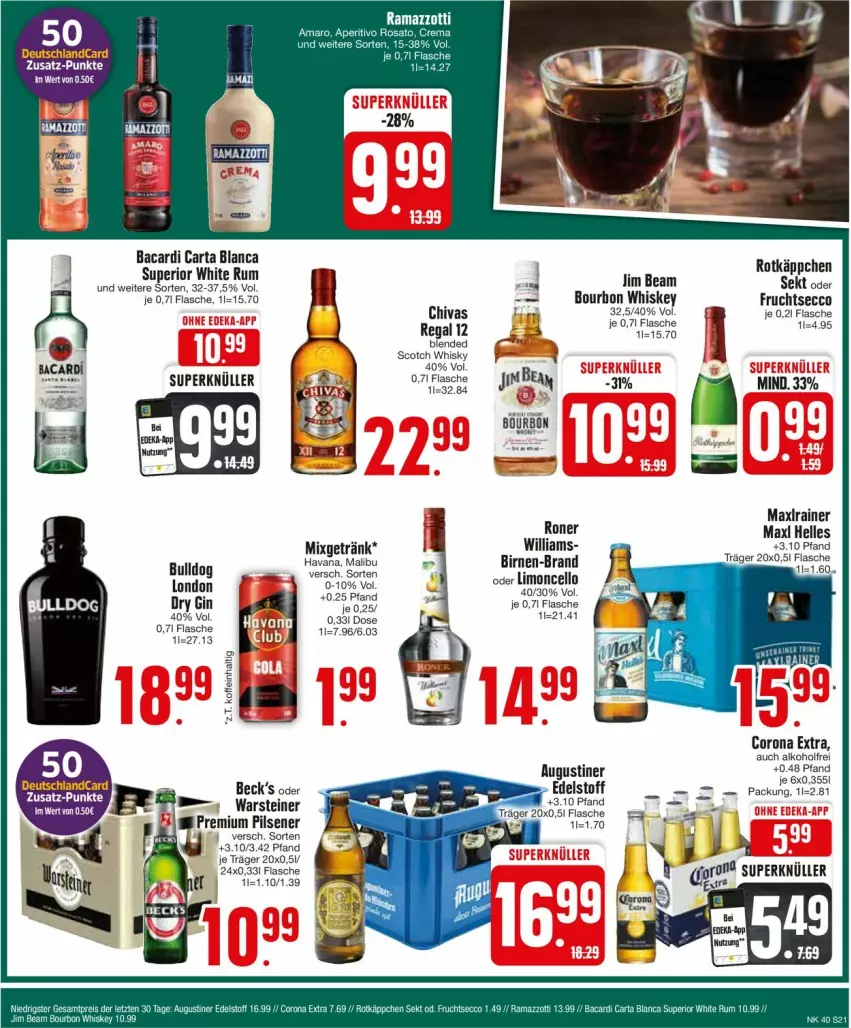 Aktueller Prospekt Edeka - Prospekte - von 30.09 bis 05.10.2024 - strona 23 - produkty: alkohol, Augustiner Edelstoff, bacardi, Birnen, bourbon, bourbon whiskey, Bulldog, corona, corona extra, deutschlandcard, dry gin, ecco, elle, flasche, frucht, fruchtsecco, getränk, gin, jim beam, limo, london dry, london dry gin, Malibu, Maxl Helles, Maxlrainer, Mixgetränk, pils, pilsener, premium pils, regal, rotkäppchen, rum, scotch, scotch whisky, sekt, steiner, tee, Ti, warsteiner, whiskey, whisky, white rum