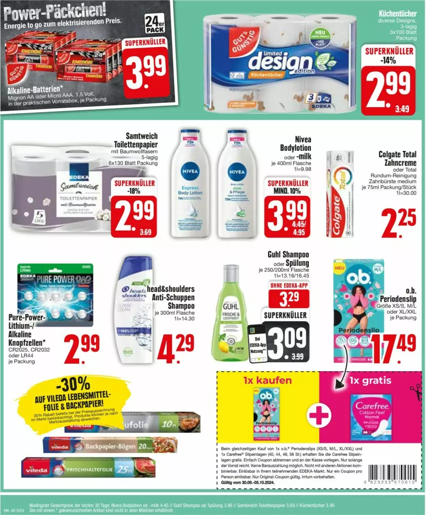 Aktueller Prospekt Edeka - Prospekte - von 30.09 bis 05.10.2024 - strona 26 - produkty: batterie, batterien, Bau, body, body lotion, bodylotion, bürste, carefree, colgate, colgate total, coupon, creme, deka, eis, elle, flasche, gin, Guhl, lebensmittel, LG, Lotion, nivea, papier, Reinigung, shampoo, shampoo oder spülung, slip, slipeinlagen, slips, spülung, Ti, toilettenpapier, zahnbürste, zahncreme