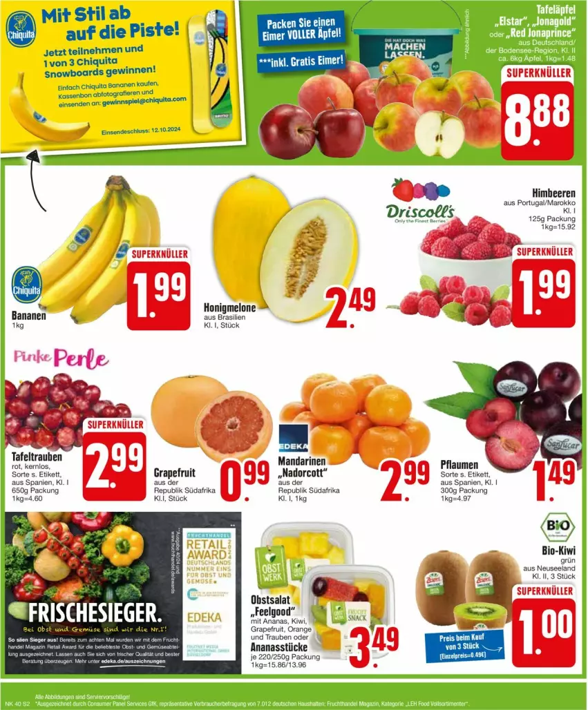 Aktueller Prospekt Edeka - Prospekte - von 30.09 bis 05.10.2024 - strona 4 - produkty: ananas, Ananasstücke, banane, bananen, bio, chiquita, eimer, Elan, gewinnspiel, grapefruit, honig, honigmelone, kiwi, LG, melone, obst, orange, pflaume, pflaumen, salat, tafeltrauben, Ti, trauben