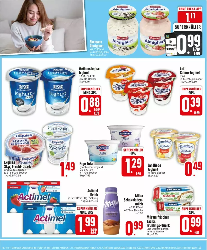 Aktueller Prospekt Edeka - Prospekte - von 30.09 bis 05.10.2024 - strona 6 - produkty: actimel, actimel drink, almighur, almighurt, Bad, Becher, deka, drink, frucht, joghur, joghurt, joghurt mild, milch, milka, milram, quark, sahne, schoko, schokolade, schokoladen, Skyr, Ti, weihenstephan, zaziki