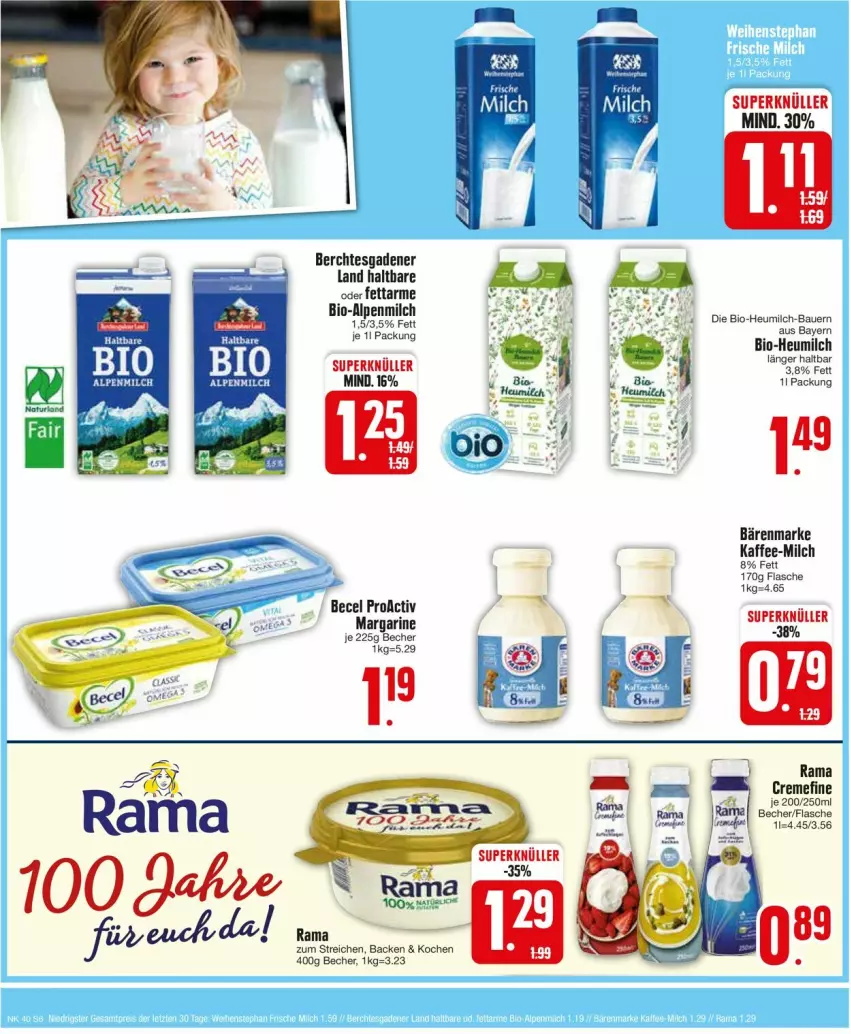 Aktueller Prospekt Edeka - Prospekte - von 30.09 bis 05.10.2024 - strona 8 - produkty: bärenmarke, Bau, becel, Becher, bio, creme, flasche, Heu, heumilch, kaffee, margarine, milch, rama, Ti