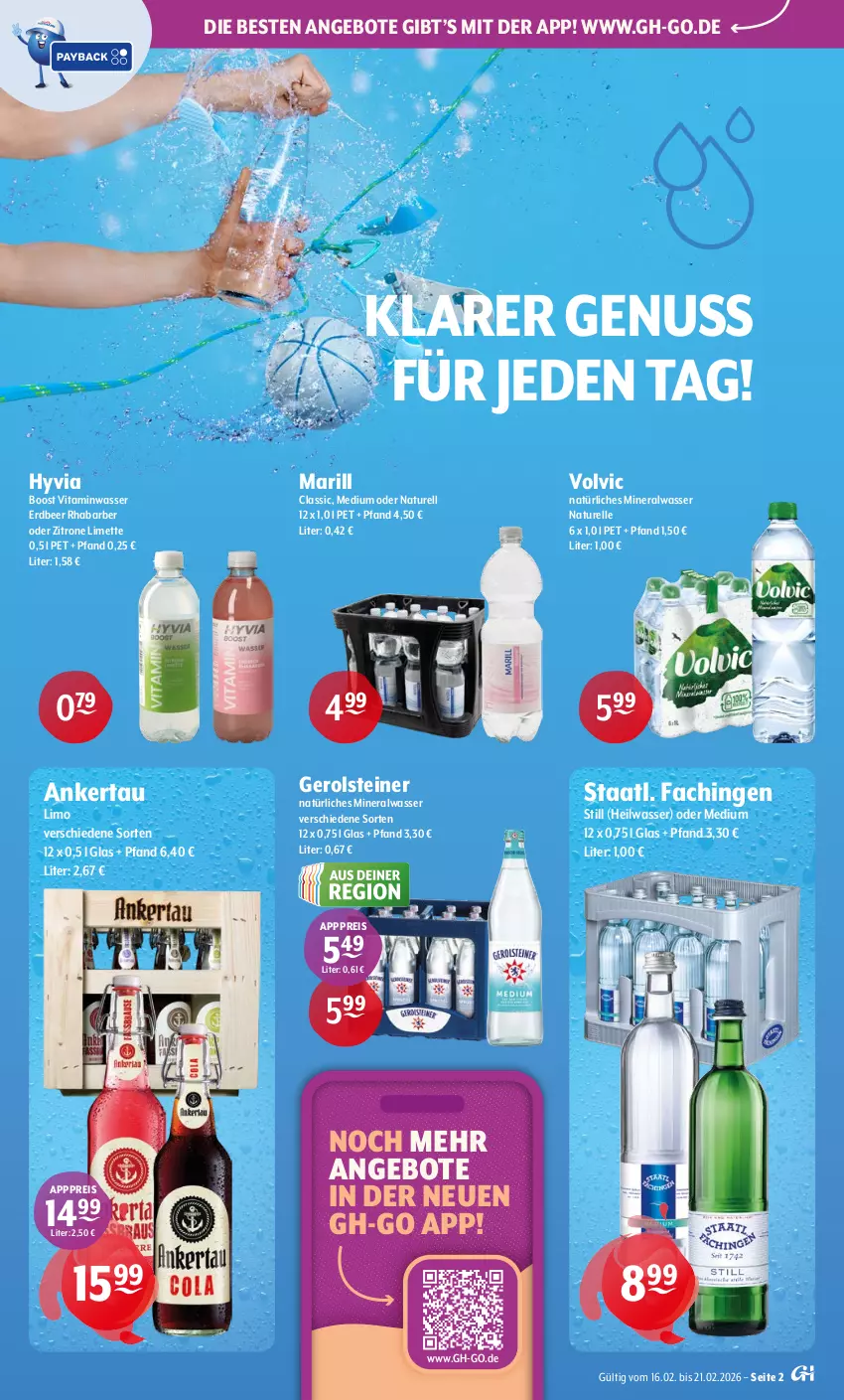 Aktueller Prospekt Getraenke Hoffmann - Prospekte - von 16.02 bis 21.02.2026 - strona 2 - produkty: Alwa, angebot, angebote, eis, elle, gerolsteine, gerolsteiner, limette, limo, Mett, mineralwasser, natur, natürliches mineralwasser, nuss, reis, rel, rhabarber, Staatl. Fachingen, steiner, Ti, vita, volvic, volvic natürliches, wasser, zitrone