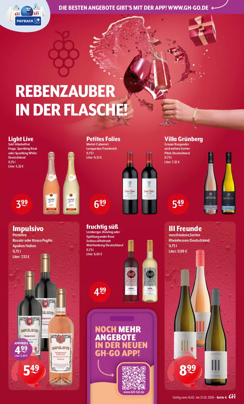 Aktueller Prospekt Getraenke Hoffmann - Prospekte - von 16.02 bis 21.02.2026 - strona 4 - produkty: alkohol, angebot, angebote, auer, Berger, burgunder, cabernet, eis, flasche, frucht, grauer burgunder, hugo, merl, merlot, primitivo, reis, riesling, rosato, sekt, spätburgunder, Ti