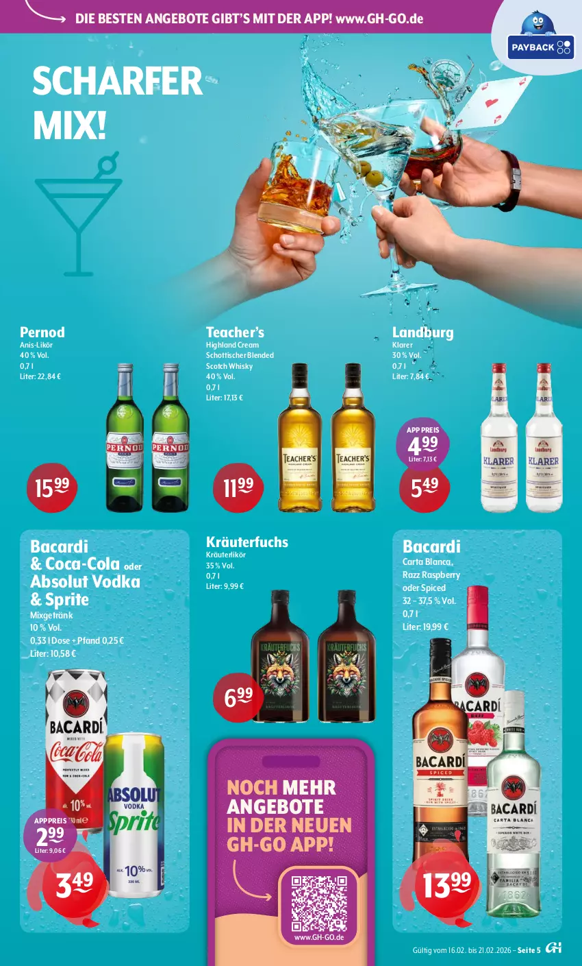 Aktueller Prospekt Getraenke Hoffmann - Prospekte - von 16.02 bis 21.02.2026 - strona 5 - produkty: Absolut Vodka, angebot, angebote, bacardi, blended scotch, blended scotch whisky, coca-cola, cola, eis, getränk, kräuter, kräuterlikör, likör, Mixgetränk, raspberry, reis, schott, scotch, scotch whisky, sprite, Ti, tisch, vodka, whisky