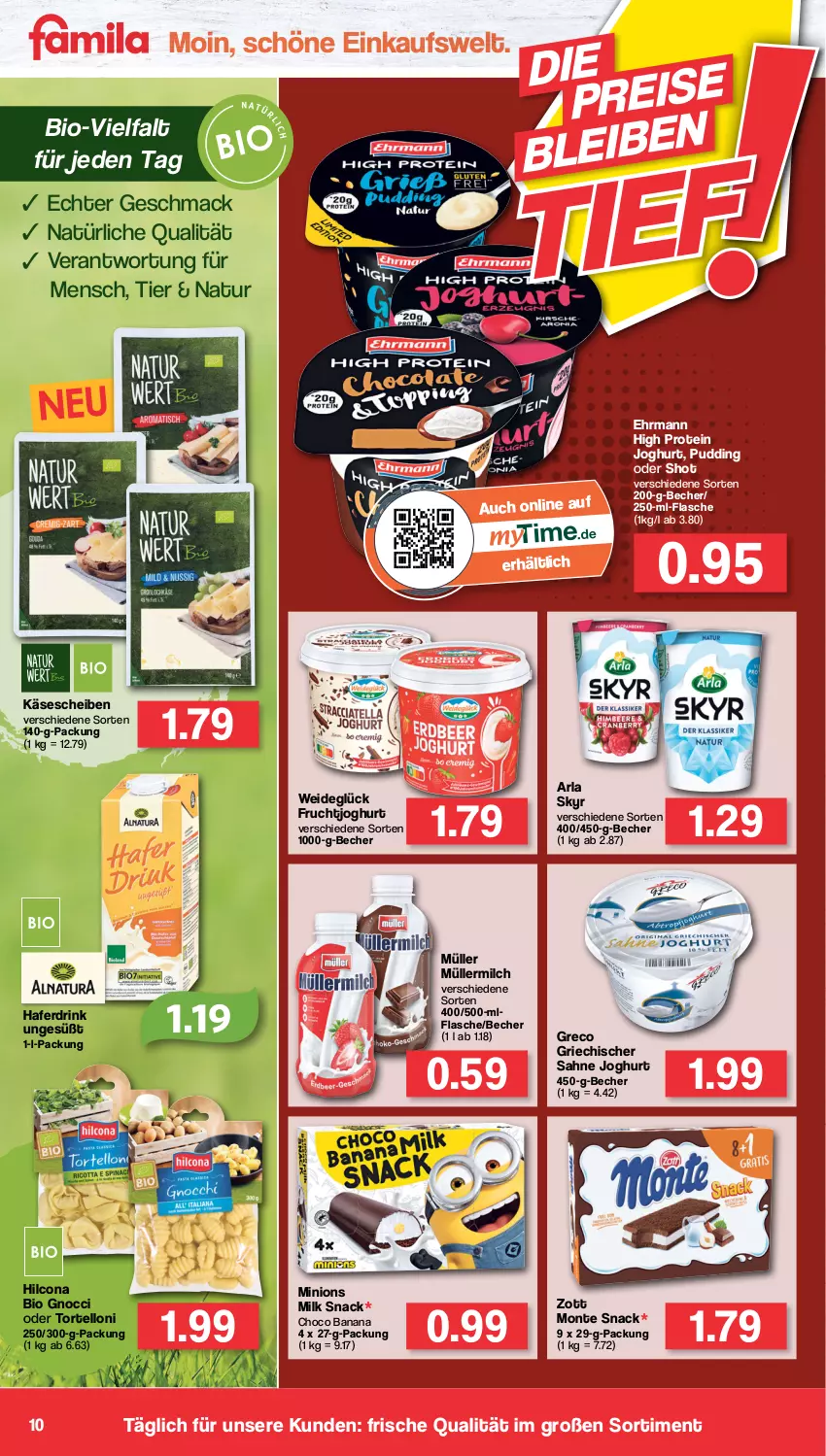 Aktueller Prospekt Famila - Prospekte - von 27.06 bis 02.07.2022 - strona 10 - produkty: arla, arla skyr, Becher, bio, drink, ehrmann, flasche, frucht, fruchtjoghurt, hafer, Haferdrink, hilcona, joghur, joghurt, Käse, käsescheiben, mac, milch, monte, Müller, müllermilch, natur, pudding, sahne, sahne joghurt, Skyr, snack, Ti, torte, tortelloni, zott, Zott Monte