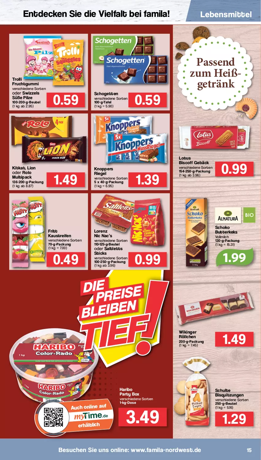 Aktueller Prospekt Famila - Prospekte - von 27.06 bis 02.07.2022 - strona 15 - produkty: aust, beutel, biscoff, butter, butterkeks, decke, frucht, fruchtgummi, getränk, haribo, Kaustreifen, keks, kitkat, knoppers, lebensmittel, lion, lorenz, milch, pilze, reifen, riegel, saltletts, schogetten, schoko, Ti, trolli, trolli fruchtgummi, vollmilch