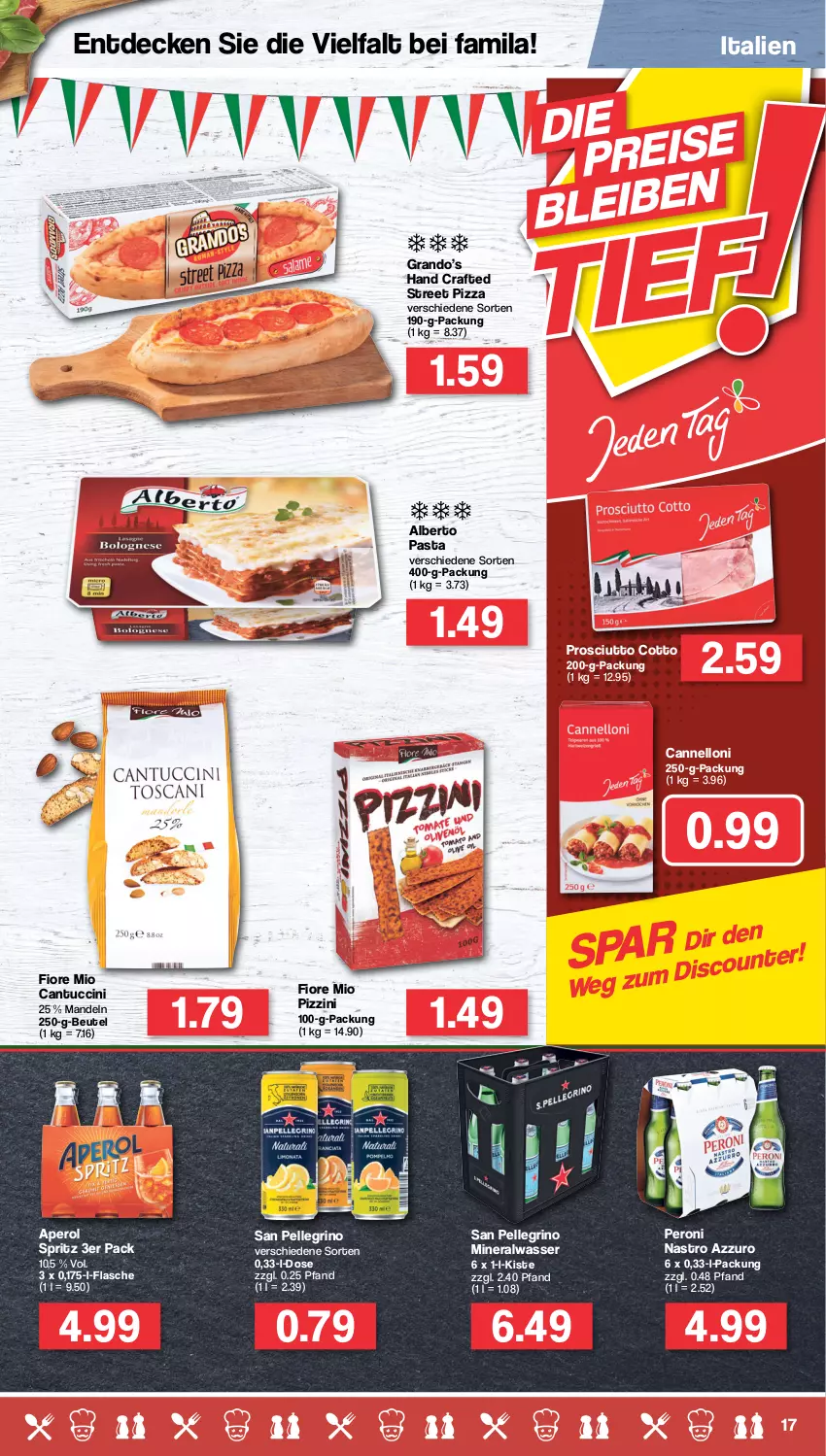 Aktueller Prospekt Famila - Prospekte - von 27.06 bis 02.07.2022 - strona 17 - produkty: Alwa, aperol, beutel, cantuccini, cin, decke, discount, elle, flasche, mandel, mandeln, mineralwasser, pasta, Peroni, pizza, prosciutto, prosciutto cotto, san pellegrino, tuc, wasser