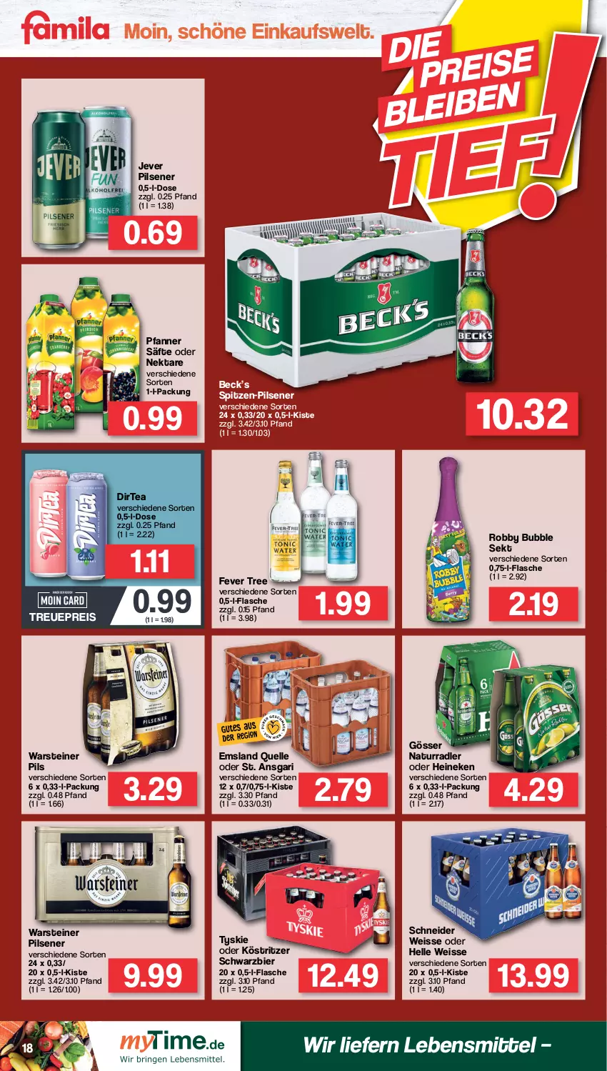 Aktueller Prospekt Famila - Prospekte - von 27.06 bis 02.07.2022 - strona 18 - produkty: bier, eis, elle, flasche, gösser, heineken, jever, jever pilsener, köstritzer, lebensmittel, natur, Nektar, pfanne, Pfanner, pils, pilsener, radler, reis, robby, säfte, sekt, steiner, tyskie, warsteiner