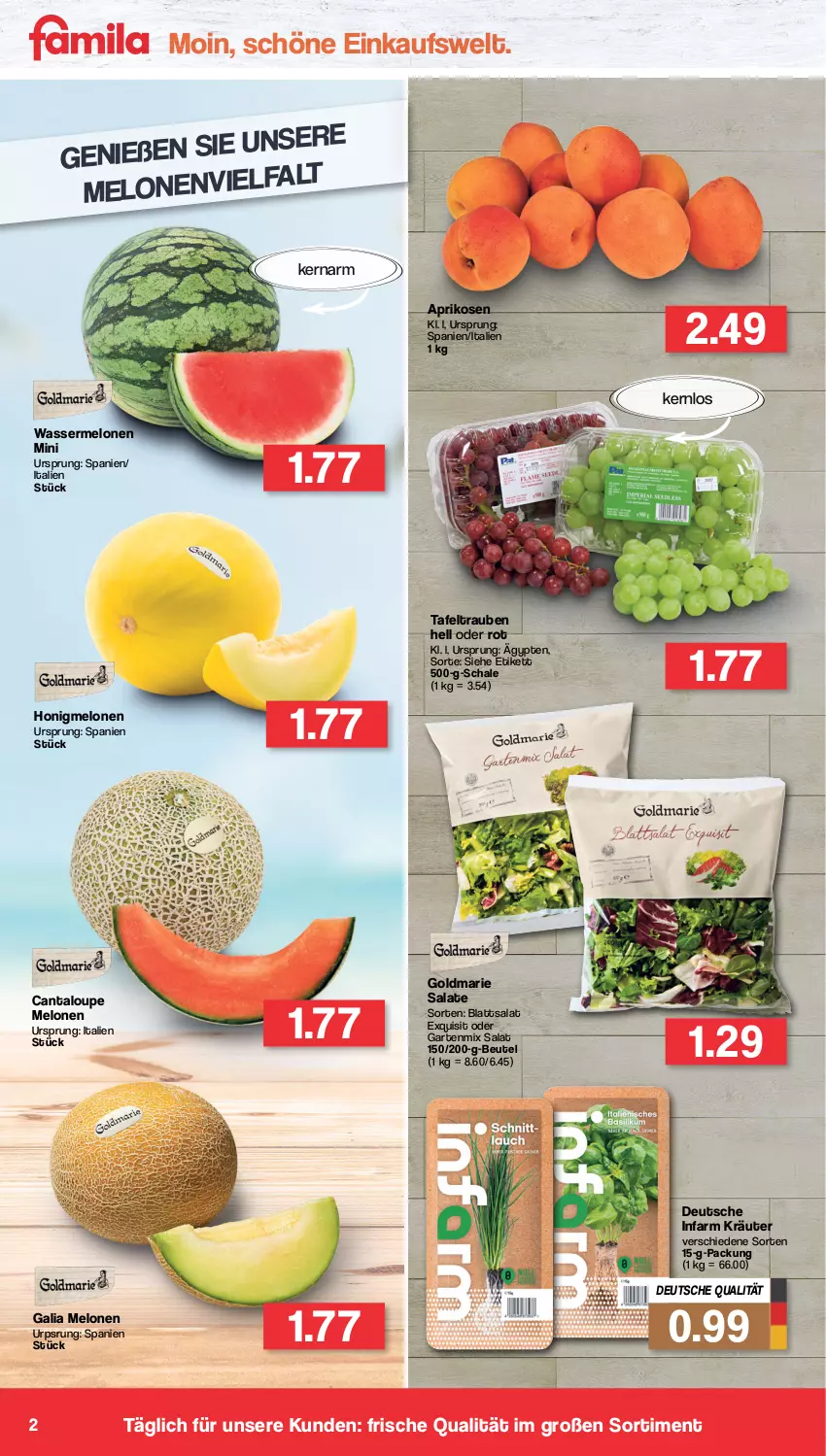 Aktueller Prospekt Famila - Prospekte - von 27.06 bis 02.07.2022 - strona 2 - produkty: aprikose, aprikosen, beutel, galia melonen, Garten, goldmarie, honig, honigmelone, honigmelonen, kräuter, melone, melonen, salat, salate, Schal, Schale, tafeltrauben, Ti, trauben, wasser, wassermelone, wassermelonen