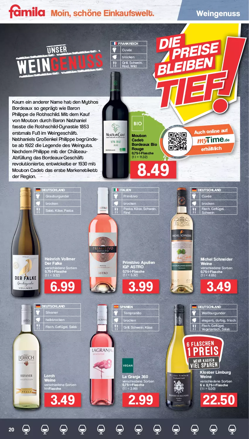 Aktueller Prospekt Famila - Prospekte - von 27.06 bis 02.07.2022 - strona 20 - produkty: asti, bio, burgunder, cuvée, eis, fisch, flasche, Geflügel, grauburgunder, grill, Käse, Michel Schneider, Mythos, nuss, pasta, primitivo, reis, rind, rouge, salat, schwein, silvaner, tempranillo, Ti, Vegeta, wein, weine, Weißburgunder, WICK, Wild