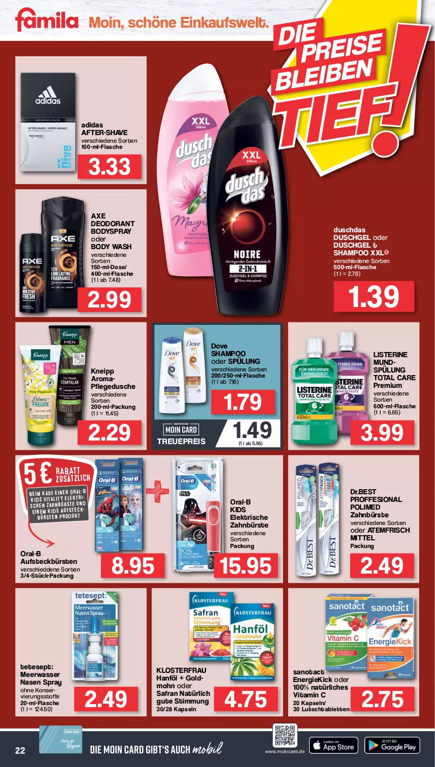 Aktueller Prospekt Famila - Prospekte - von 27.06 bis 02.07.2022 - strona 22 - produkty: Adidas, aufsteckbürsten, axe, body, bodyspray, bürste, bürsten, deo, deodorant, dove, duschdas, dusche, duschgel, eis, elektrische zahnbürste, flasche, kneipp, listerine, Meerwasser, oral-b, pflegedusche, reis, Safran, shampoo, shampoo oder spülung, spülung, tablet, tablett, Tablette, Ti, total care, vita, vitality, Vitamin C, wasser, zahnbürste