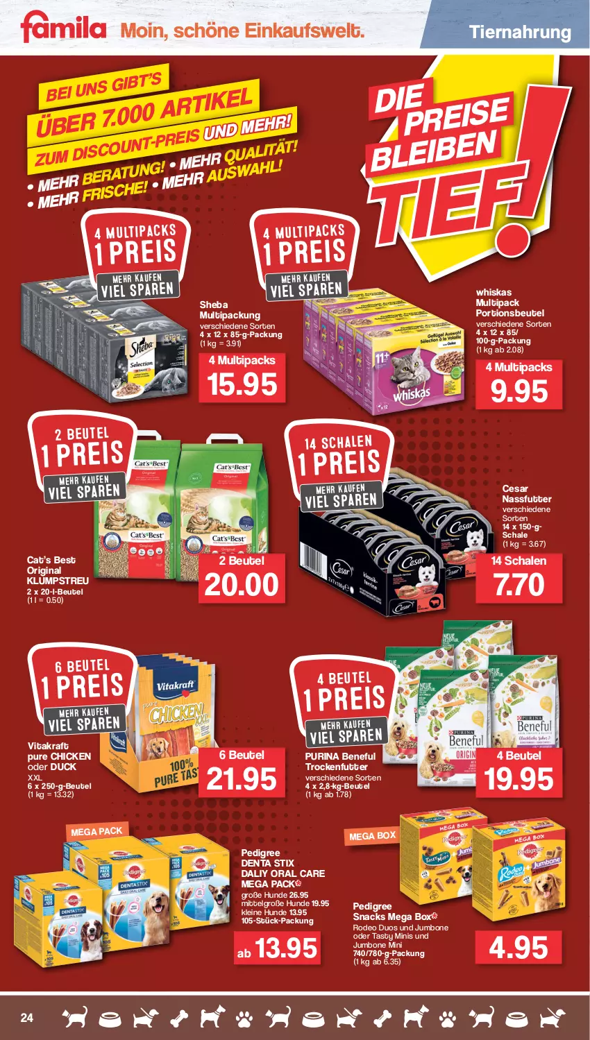 Aktueller Prospekt Famila - Prospekte - von 27.06 bis 02.07.2022 - strona 24 - produkty: beutel, deo, Duck, eis, gin, jumbo, klumpstreu, kraft, leine, LG, nassfutter, pedigree, portionsbeutel, purina, reis, Schal, Schale, sheba, snack, snacks, Ti, tiernahrung, trockenfutter, vita, vitakraft, whiskas