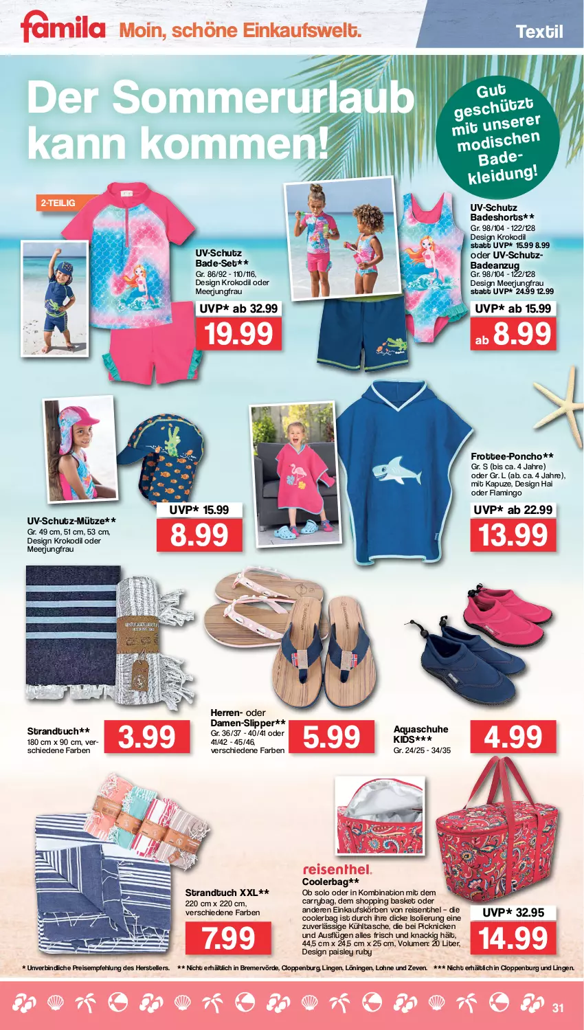 Aktueller Prospekt Famila - Prospekte - von 27.06 bis 02.07.2022 - strona 31 - produkty: Anzug, aqua, Bad, badeanzug, badeshorts, Carrybag, Damen-Slip, eis, elle, Jungfrau, kühltasche, Mütze, reis, schuhe, shorts, slip, Slipper, strandtuch, Tasche, tee, teller, Ti, tuc, uv-schutz