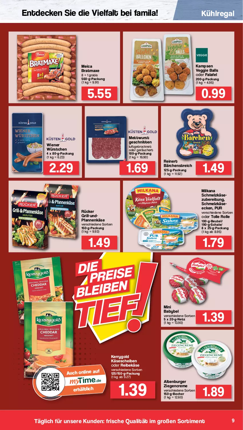 Aktueller Prospekt Famila - Prospekte - von 27.06 bis 02.07.2022 - strona 9 - produkty: altenburger, axe, babybel, ball, Becher, beutel, bratmaxe, burger, creme, decke, Falafel, grill, Käse, käsescheiben, kerrygold, kühlregal, meica, Mett, mettwurst, milka, milkana, mini babybel, pfanne, pfannen, pfannenkäse, regal, Reibekäse, reinert, Schal, Schale, Schmelzkäse, schmelzkäsezubereitung, schnitten, Ti, veggie, wiener, wiener würstchen, wurst, würstchen