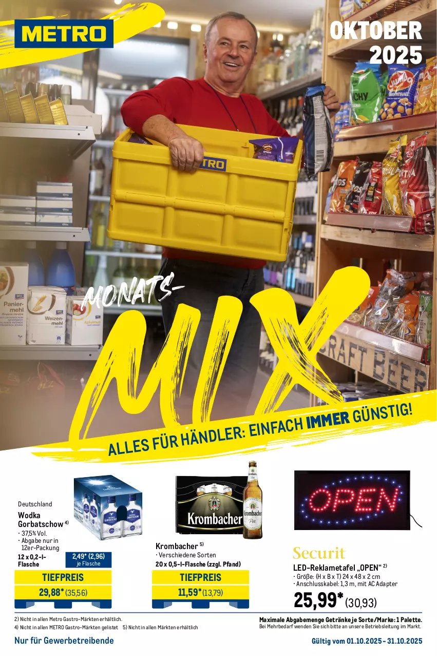 Aktueller Prospekt Metro - Monats-Mix - von 01.10 bis 31.10.2025 - strona 1 - produkty: adapter, eis, flasche, getränk, getränke, Gorbatschow, krombache, krombacher, Metro, metro gastro, Palette, reis, Ti, tiefpreis, wodka