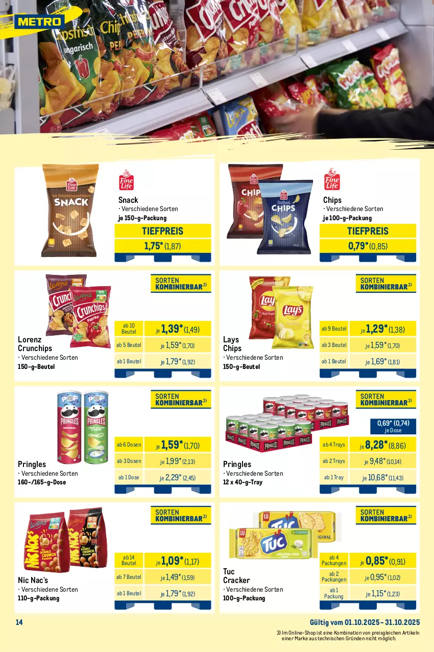 Aktueller Prospekt Metro - Monats-Mix - von 01.10 bis 31.10.2025 - strona 14 - produkty: beutel, chips, cracker, crunchips, eis, hanuta, hipp, Kinder, kinder bueno, kinder country, kitkat, lays, lion, lorenz, lorenz crunchips, mars, nestlé, pringles, reis, riegel, ring, snack, snickers, Ti, tiefpreis, tuc, twix