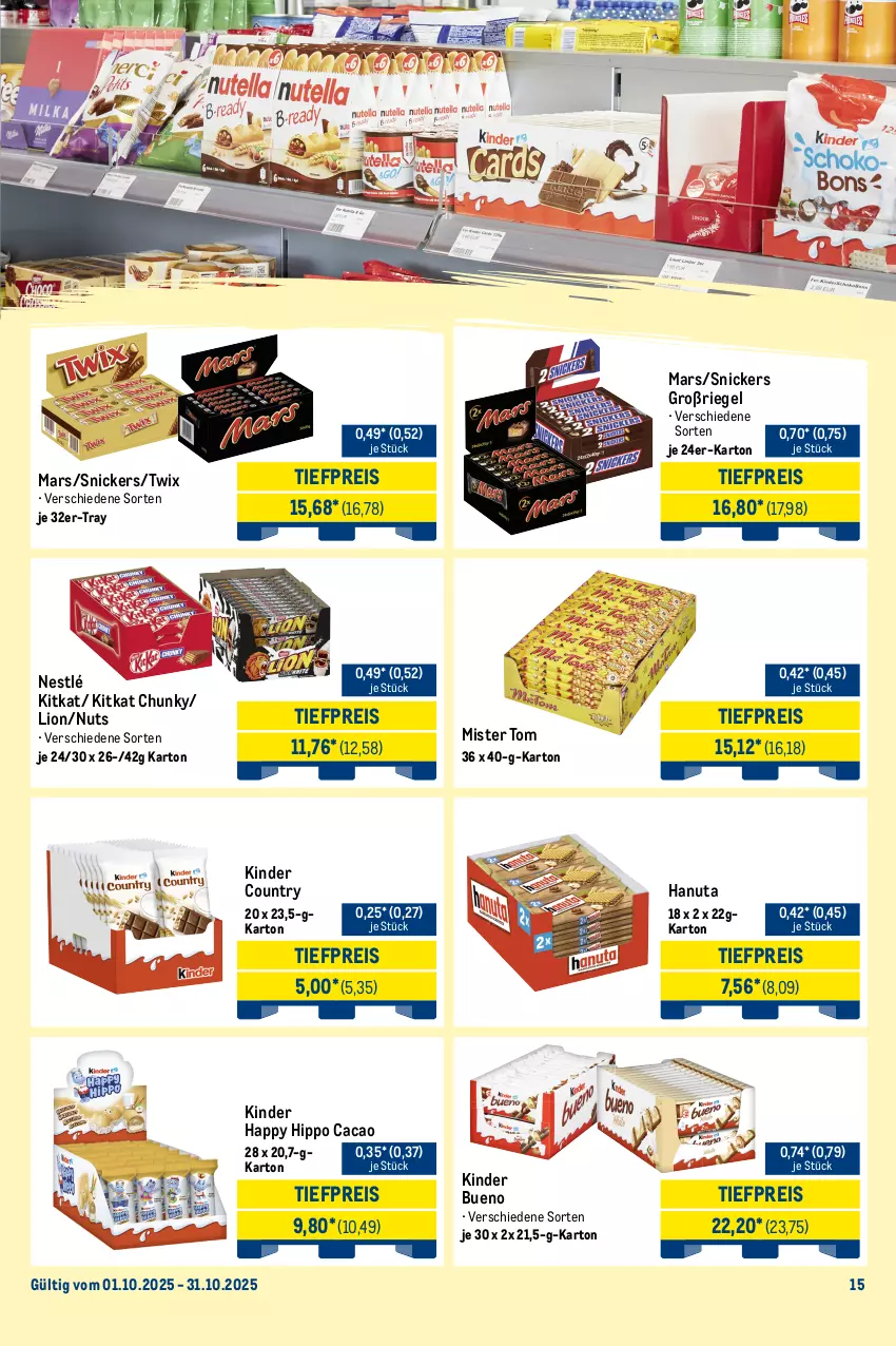 Aktueller Prospekt Metro - Monats-Mix - von 01.10 bis 31.10.2025 - strona 15 - produkty: beutel, chips, cracker, crunchips, eis, hanuta, hipp, Kinder, kinder bueno, kinder country, kitkat, lays, lion, lorenz, lorenz crunchips, mars, nestlé, pringles, reis, riegel, ring, snack, snickers, Ti, tiefpreis, tuc, twix