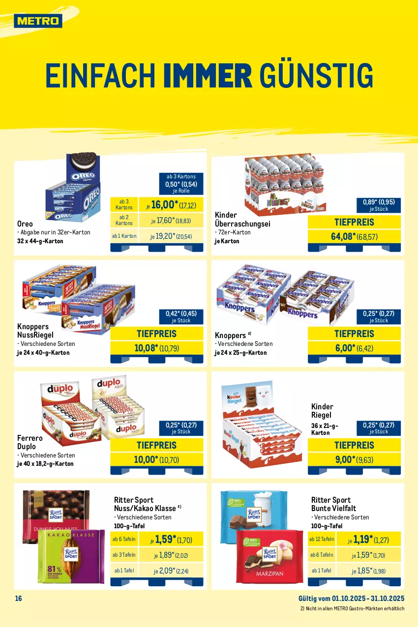 Aktueller Prospekt Metro - Monats-Mix - von 01.10 bis 31.10.2025 - strona 16 - produkty: Becher, beutel, decke, Deckel, duplo, eis, ferrero, kaffee, kakao, Kinder, kinder riegel, knoppers, lack, Lutscher, Metro, metro gastro, nuss, nussriegel, oreo, reis, riegel, ritter, ritter sport, sahne, Sport, Ti, tiefpreis, zucker