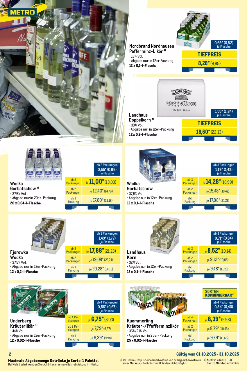 Aktueller Prospekt Metro - Monats-Mix - von 01.10 bis 31.10.2025 - strona 2 - produkty: bacardi, Cap, captain morgan, chantré, cola, doppelkorn, eis, flasche, Germ, getränk, getränke, Gorbatschow, jack daniel, jägermeister, korn, kräuter, kräuterlikör, kuemmerling, likör, Meister, merl, Metro, mojito, nordbrand, Palette, pfeffer, pfefferminzlikör, reis, rum, Tanqueray, Ti, tiefpreis, tonic, underberg, wein, weinbrand, white rum, wodka