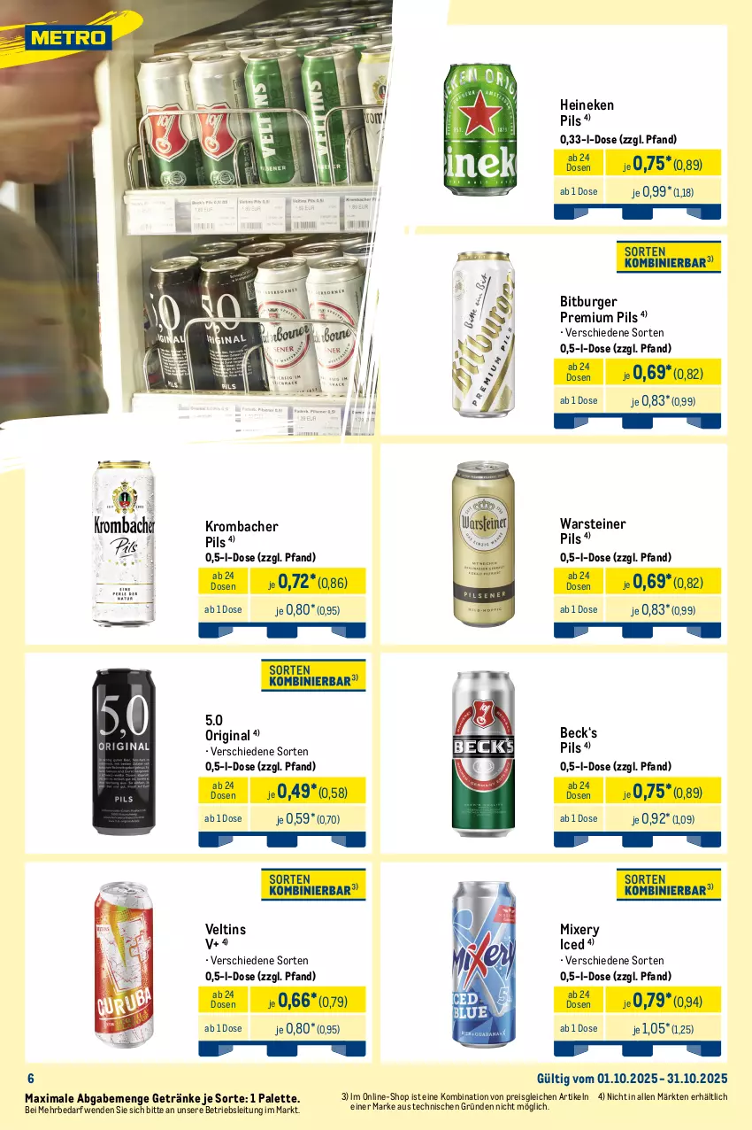 Aktueller Prospekt Metro - Monats-Mix - von 01.10 bis 31.10.2025 - strona 6 - produkty: alkohol, alkoholfreie getränke, angebot, angebote, bier, Biere, bitburger, burger, decke, desperados, eis, flasche, getränk, getränke, gin, heineken, karlsberg, karlsberg mixery, krombache, krombacher, krombacher pils, Metro, Mixer, mixery, Palette, pils, pilsener, premium pils, reis, steiner, tequila, Ti, veltins, warsteiner