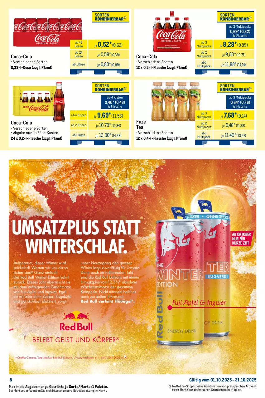 Aktueller Prospekt Metro - Monats-Mix - von 01.10 bis 31.10.2025 - strona 8 - produkty: adelholzener, coca-cola, cola, durstlöscher, eis, eistee, flasche, frucht, fruchtsaft, fruchtsaftgetränk, fuze tea, getränk, getränke, Holz, lipton, Palette, pfanne, Pfanner, reis, saft, tee, Ti, tiefpreis
