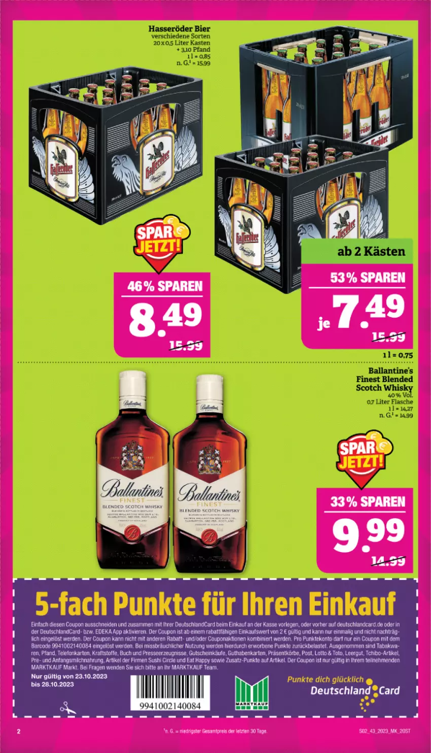 Aktueller Prospekt Marktkauf - Prospekt - von 22.10 bis 28.10.2023 - strona 2 - produkty: ball, Ballantine's, bier, blended scotch, blended scotch whisky, buch, coupon, deka, deutschlandcard, erde, flasche, guthabenkarte, gutschein, hasseröder, kraft, milch, scotch, scotch whisky, Sushi, Tchibo, tee, telefon, Ti, whisky