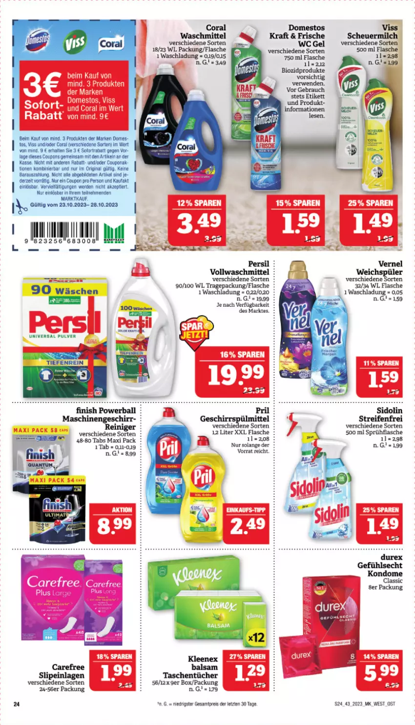 Aktueller Prospekt Marktkauf - Prospekt - von 22.10 bis 28.10.2023 - strona 24 - produkty: ball, bio, biozidprodukte, carefree, Coral, coupon, coupons, domestos, eis, erde, Finish, flasche, geschirr, gin, Heu, kraft, milch, powerball, Rauch, reifen, reis, rwe, scheuermilch, sidolin, slip, slipeinlagen, sofortrabatt, sprühflasche, Tasche, taschen, taschentücher, Ti, tücher, universal pulver, vernel, vollwaschmittel, waschmittel, weichspüler, ZTE