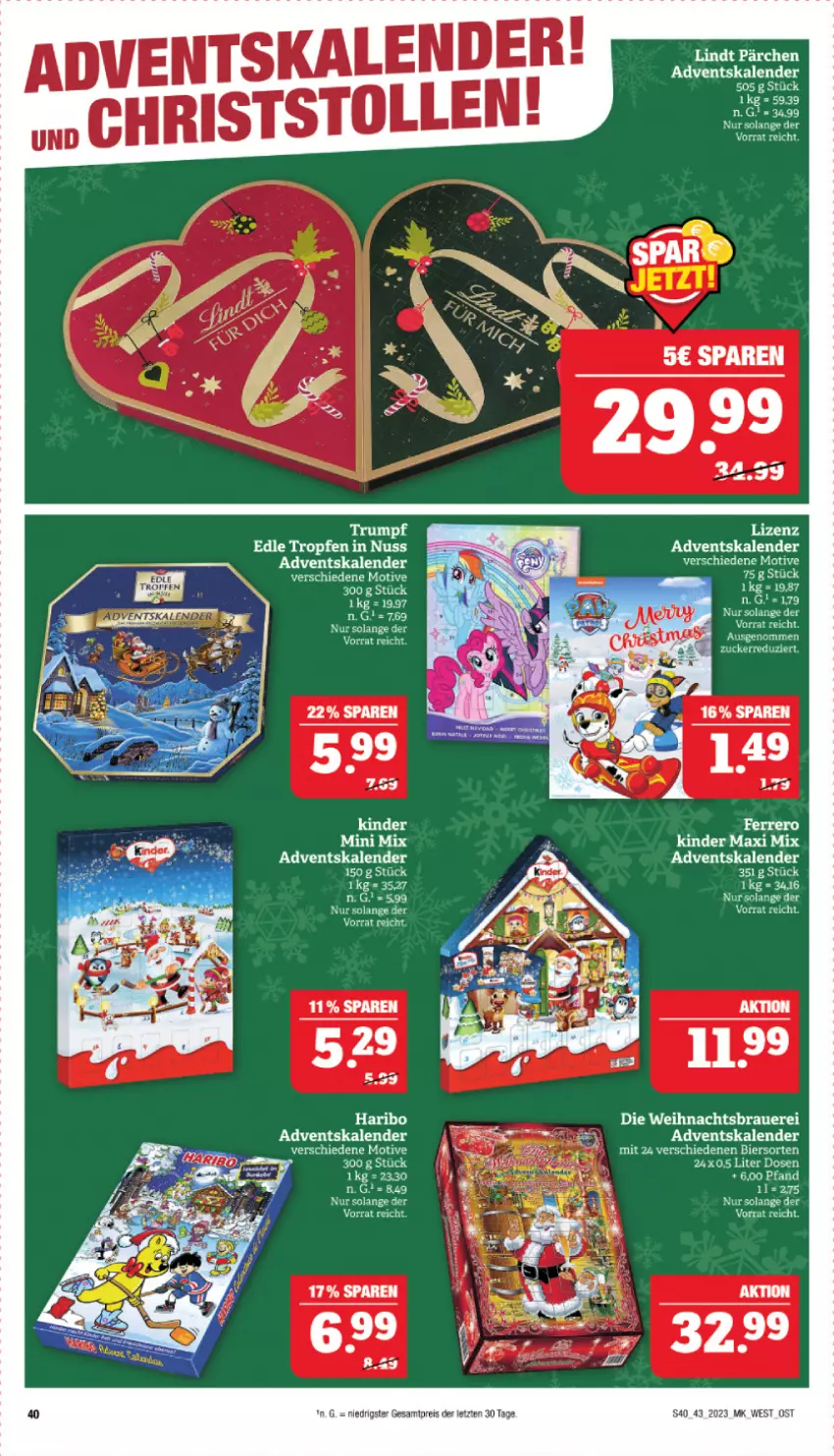 Aktueller Prospekt Marktkauf - Prospekt - von 22.10 bis 28.10.2023 - strona 40 - produkty: Adventskalender, auer, bett, bier, eier, eis, ferrero, Kinder, Kinder Maxi, lindt, reis, rum, Ti, ZTE, zucker