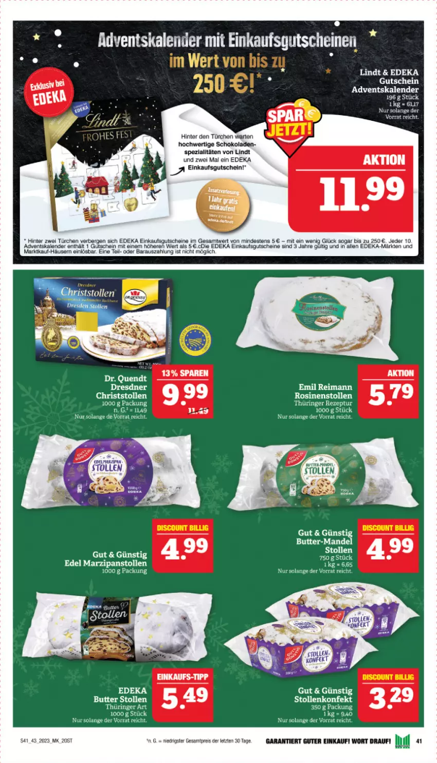 Aktueller Prospekt Marktkauf - Prospekt - von 22.10 bis 28.10.2023 - strona 41 - produkty: Adventskalender, butter, deka, eis, elle, gutschein, gutscheine, lindt, mandel, marzipan, reis, rezept, ring, schoko, schokolade, schokoladen, Spezi, Stollen, Ti, ZTE