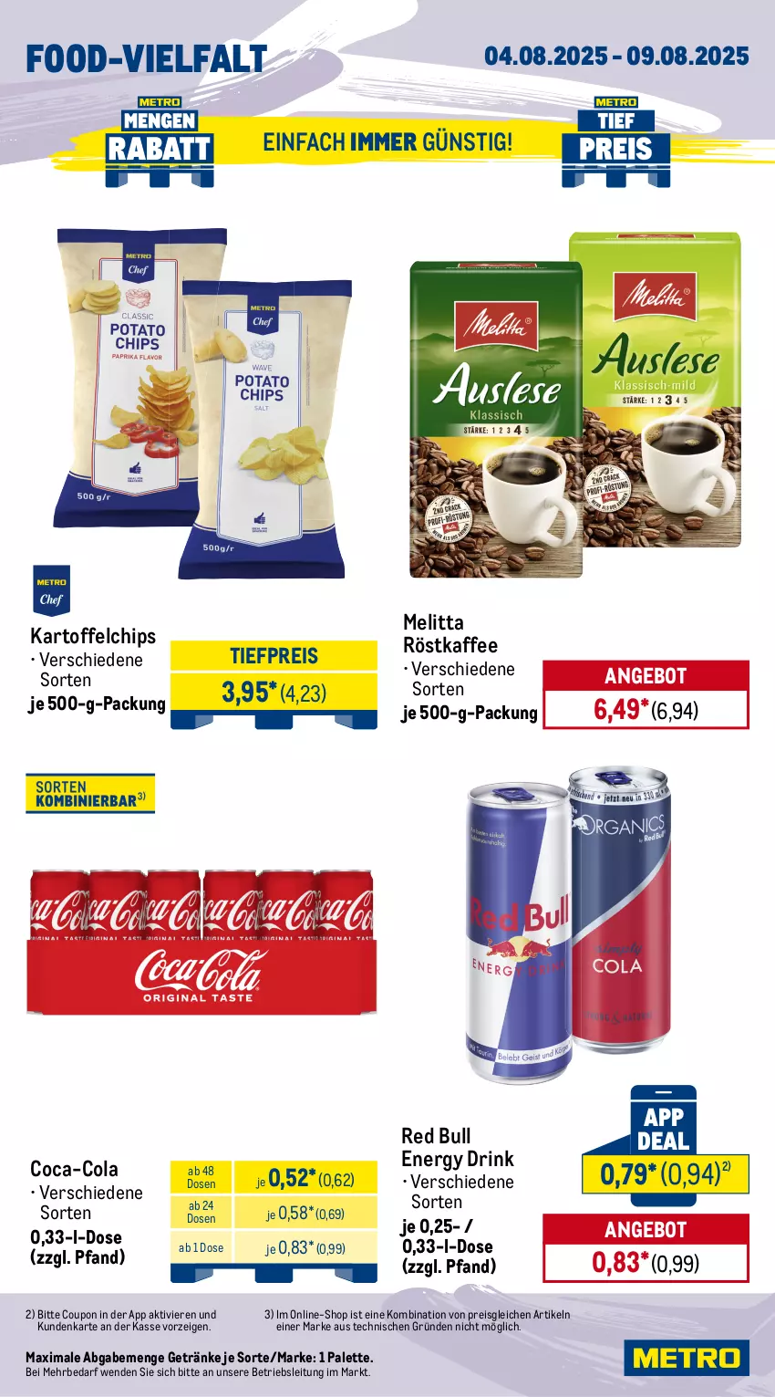 Aktueller Prospekt Metro - Wochen-Angebote Gastro - von 04.08 bis 09.08.2025 - strona 13 - produkty: angebot, chips, coca-cola, cola, coupon, dressing, drink, eis, energy drink, flasche, getränk, getränke, kaffee, kartoffel, kartoffelchips, Kühne, mayonnaise, melitta, mondamin, nadler, Palette, pomito, red bull, reis, remoulade, röstkaffee, salat, salatdressing, sauce, saucen, Ti, tiefpreis, tomate, tomaten, Yo