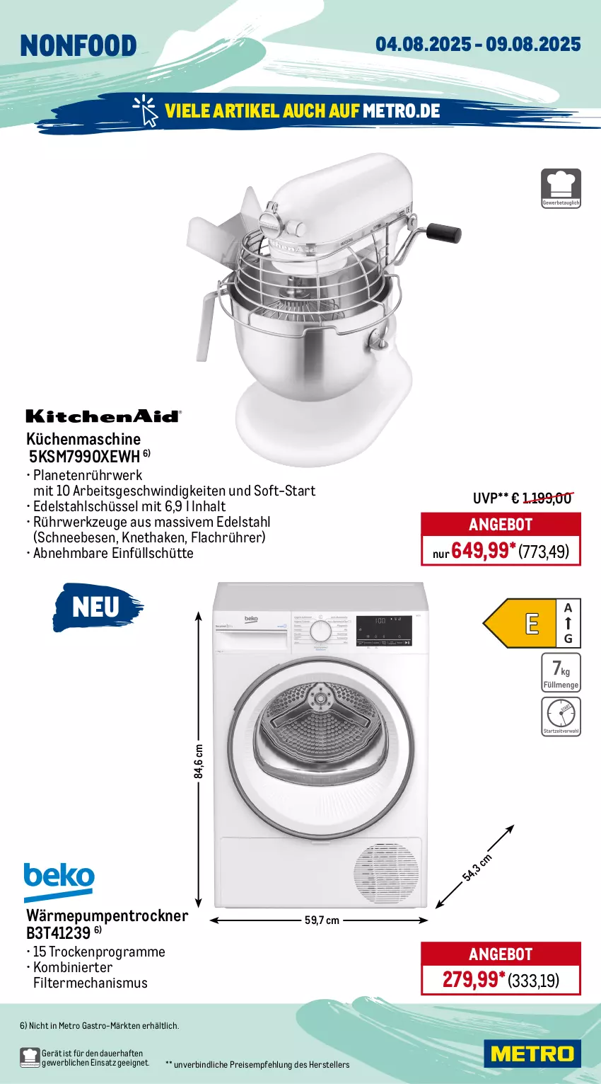 Aktueller Prospekt Metro - Wochen-Angebote Gastro - von 04.08 bis 09.08.2025 - strona 18 - produkty: angebot, auer, backofen, Behälter, besteck, edelstahl, eis, elle, getränk, getränke, getränkespender, herdarten, küche, Küchen, küchenmaschine, LG, messer, Metro, metro gastro, Ofen, pfanne, reis, rwe, Schneebesen, schüssel, spülmaschinen, teller, Ti, Trockner, wärmepumpentrockner, werkzeug, werkzeuge