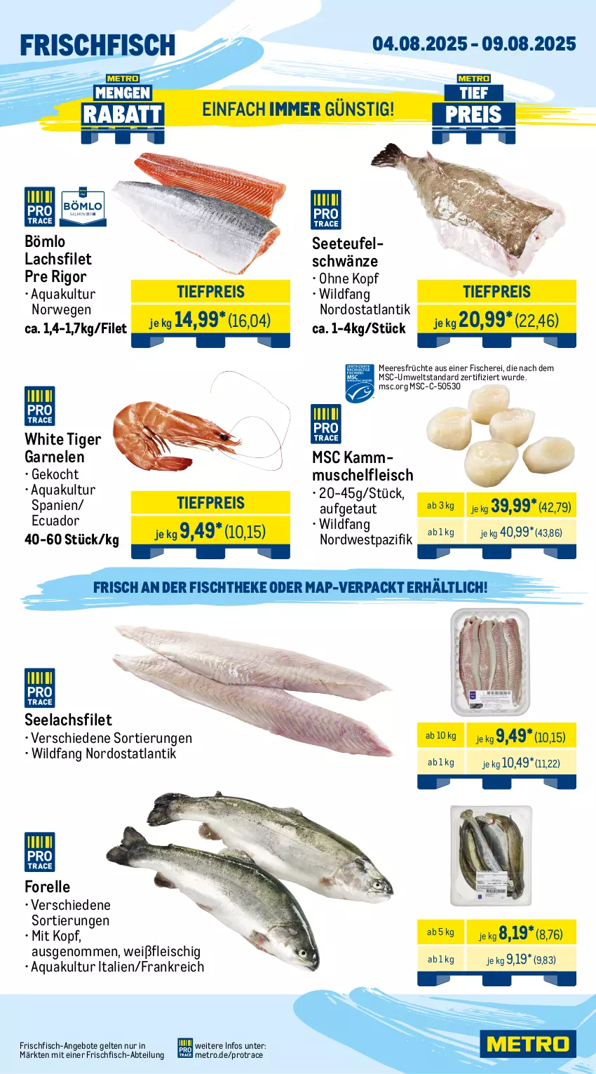 Aktueller Prospekt Metro - Wochen-Angebote Gastro - von 04.08 bis 09.08.2025 - strona 5 - produkty: Abtei, angebot, angebote, aqua, beutel, bier, braten, brustfilet, burger, eis, elle, ente, Entenbrust, filet, fisch, fische, Fischer, fischtheke, fleisch, forelle, frischfisch, früchte, garnelen, lachs, lachsfilet, meeresfrüchte, Metro, reis, rel, rind, rindfleisch, rwe, salomon, Schere, seelachsfilet, Ti, tiefpreis, Wild