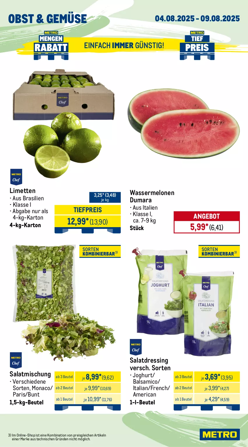 Aktueller Prospekt Metro - Wochen-Angebote Gastro - von 04.08 bis 09.08.2025 - strona 7 - produkty: angebot, balsam, balsamico, Becher, beutel, dressing, eis, filet, filets, fisch, fische, Fischer, fleisch, früchte, garnelen, joghur, joghurt, krone, lachs, lachsfilet, limette, limetten, matjes, meeresfrüchte, melone, melonen, Metro, Mett, metten, obst, reis, salat, salatdressing, Schere, Ti, tiefpreis, Waage, wasser, wassermelone, wassermelonen
