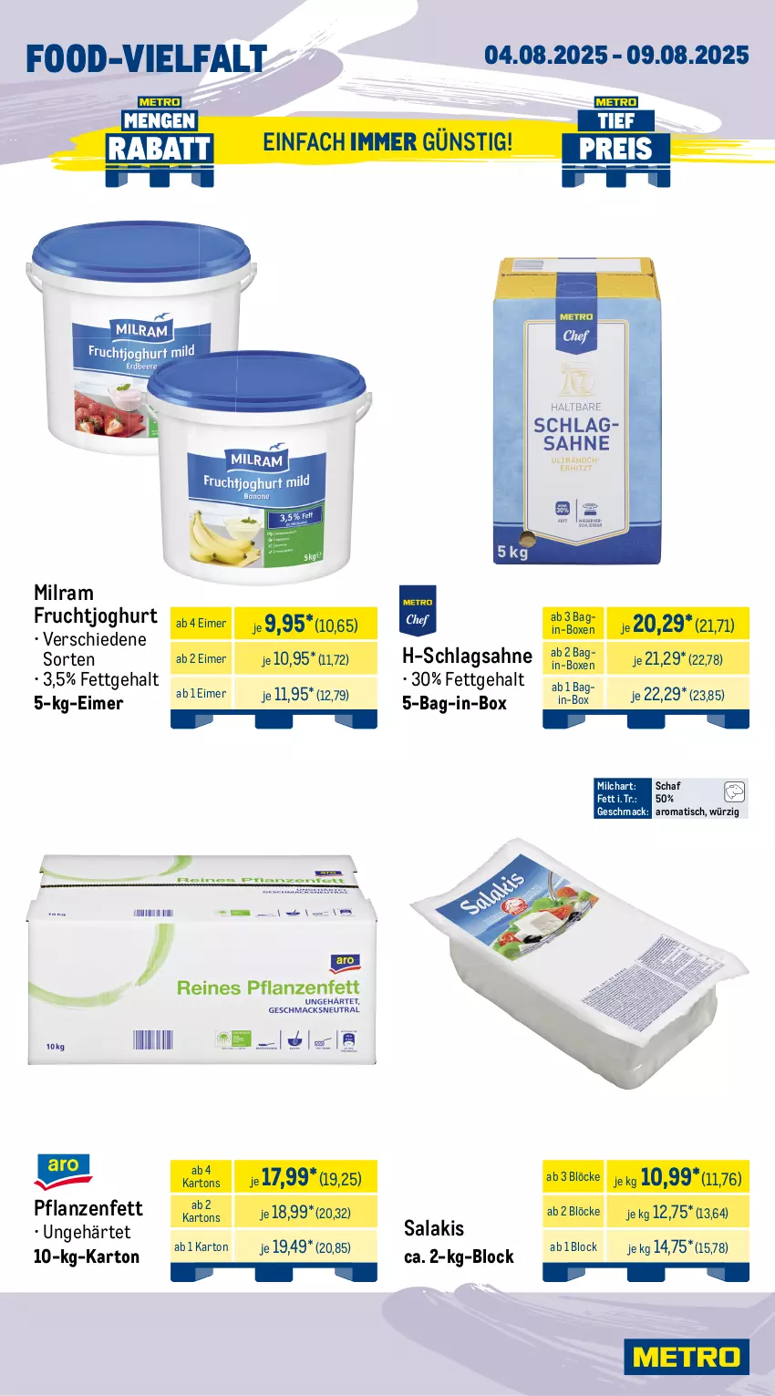 Aktueller Prospekt Metro - Wochen-Angebote Gastro - von 04.08 bis 09.08.2025 - strona 9 - produkty: bag-in-box, datteltomaten, eimer, eis, elle, frucht, fruchtjoghurt, gin, joghur, joghurt, korb, Lauchzwiebel, lauchzwiebeln, mac, milch, milram, obst, Pfifferlinge, pflanze, pflanzen, Pflanzenfett, reis, sahne, salakis, schlagsahne, Ti, tiefpreis, tisch, tomate, tomaten, zucchini, zwiebel, zwiebeln