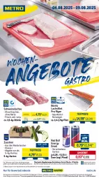 Gazetka promocyjna Metro - Wochen-Angebote Gastro - Gazetka - ważna od 09.08 do 09.08.2025 - strona 1 - produkty: abholpreise, angebot, angebote, aqua, coupon, drink, eis, energy drink, filet, getränk, getränke, ilag, Kette, lachs, lachsfilet, Metro, Palette, Rauch, red bull, reis, rwe, schwein, schweine, Schweinelachs, Ti, tiefpreis, wein, weine, zucchini