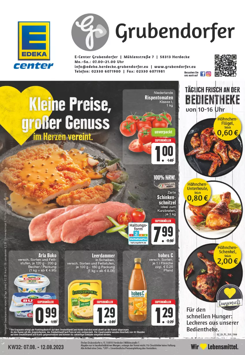 Aktueller Prospekt E Center - Angebote der Woche - von 07.08 bis 12.08.2023 - strona 1 - produkty: arla, arla buko, Becher, braten, Buko, decke, deka, elle, ente, erde, flasche, HP, Kette, leerdammer, LG, pesto, rispentomaten, schinken, schnitzel, tee, telefon, Ti, tomate, tomaten, uhr