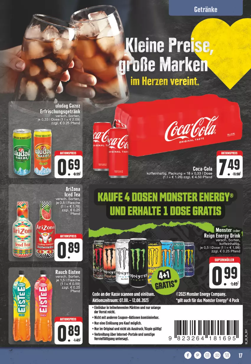 Aktueller Prospekt E Center - Angebote der Woche - von 07.08 bis 12.08.2023 - strona 17 - produkty: aeg, aktionspreis, Brei, coca-cola, cola, coupon, eis, eistee, flasche, gin, Kette, leine, monster, Monster Energy, Rauch, reis, tee, Ti