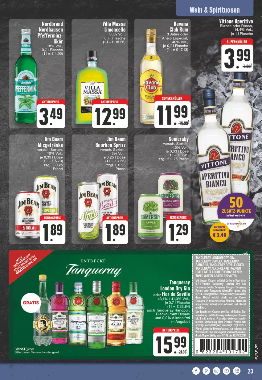 Aktueller Prospekt E Center - Angebote der Woche - von 07.08 bis 12.08.2023 - strona 23 - produkty: aktionspreis, alkohol, angebot, Currant, drink, dry gin, eis, flasche, getränk, getränke, gin, jim beam, lack, LG, limo, london dry, london dry gin, Mixgetränk, nordbrand, pfeffer, reis, spirituosen, Tanqueray, tee, Ti, wein