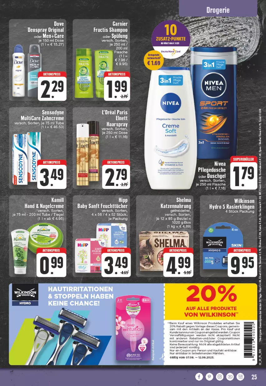 Aktueller Prospekt E Center - Angebote der Woche - von 07.08 bis 12.08.2023 - strona 25 - produkty: aktionspreis, beutel, bier, Coral, coupon, coupons, creme, deo, deospray, dove, dusche, duschgel, eis, elnett, erde, feuchttücher, flasche, fructis, gin, haarspray, hakle, hipp, katzennahrung, Kuschelweich, nivea, pflegedusche, Rasierklinge, rasierklingen, reis, shampoo, spee, Ti, tücher, wc frisch, wilkinson, zahncreme, ZTE