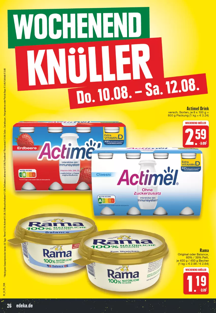 Aktueller Prospekt E Center - Angebote der Woche - von 07.08 bis 12.08.2023 - strona 26 - produkty: actimel, actimel drink, Bau, bauchscheiben, Becher, beef, drink, eis, gin, grill, Grillbauch, honig, honigmelone, kohlrabi, leberwurst, melone, rama, reis, roastbeef, rum, rumpsteak, steak, Ti, vita, wurst