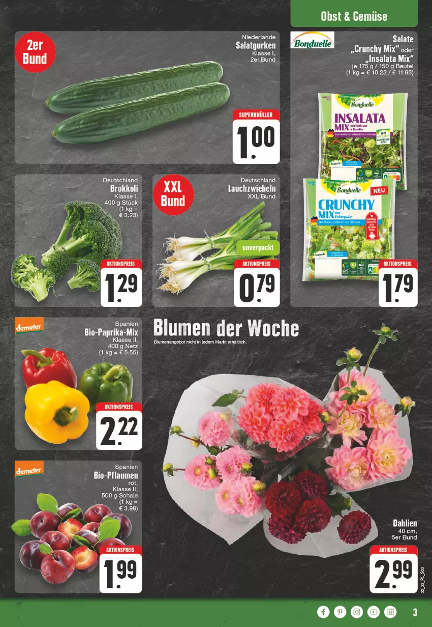 Aktueller Prospekt E Center - Angebote der Woche - von 07.08 bis 12.08.2023 - strona 3 - produkty: aktionspreis, angebot, beutel, bio, Bio-Paprika, blume, blumen, bonduelle, dahlie, eis, elle, Lauchzwiebel, lauchzwiebeln, obst, paprika, pflaume, pflaumen, reis, salat, salate, Schal, Schale, Ti, zwiebel, zwiebeln