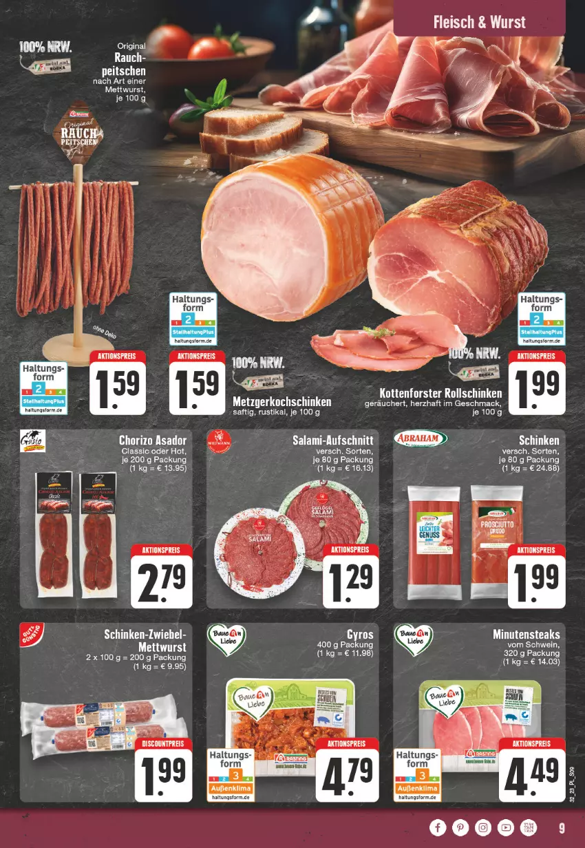 Aktueller Prospekt E Center - Angebote der Woche - von 07.08 bis 12.08.2023 - strona 9 - produkty: aktionspreis, aufschnitt, eis, ente, gin, gyros, mac, Mett, mettwurst, minutensteaks, Rauch, reis, saft, salami, schinken, schwein, steak, steaks, Ti, wein, wurst, Yo, zwiebel