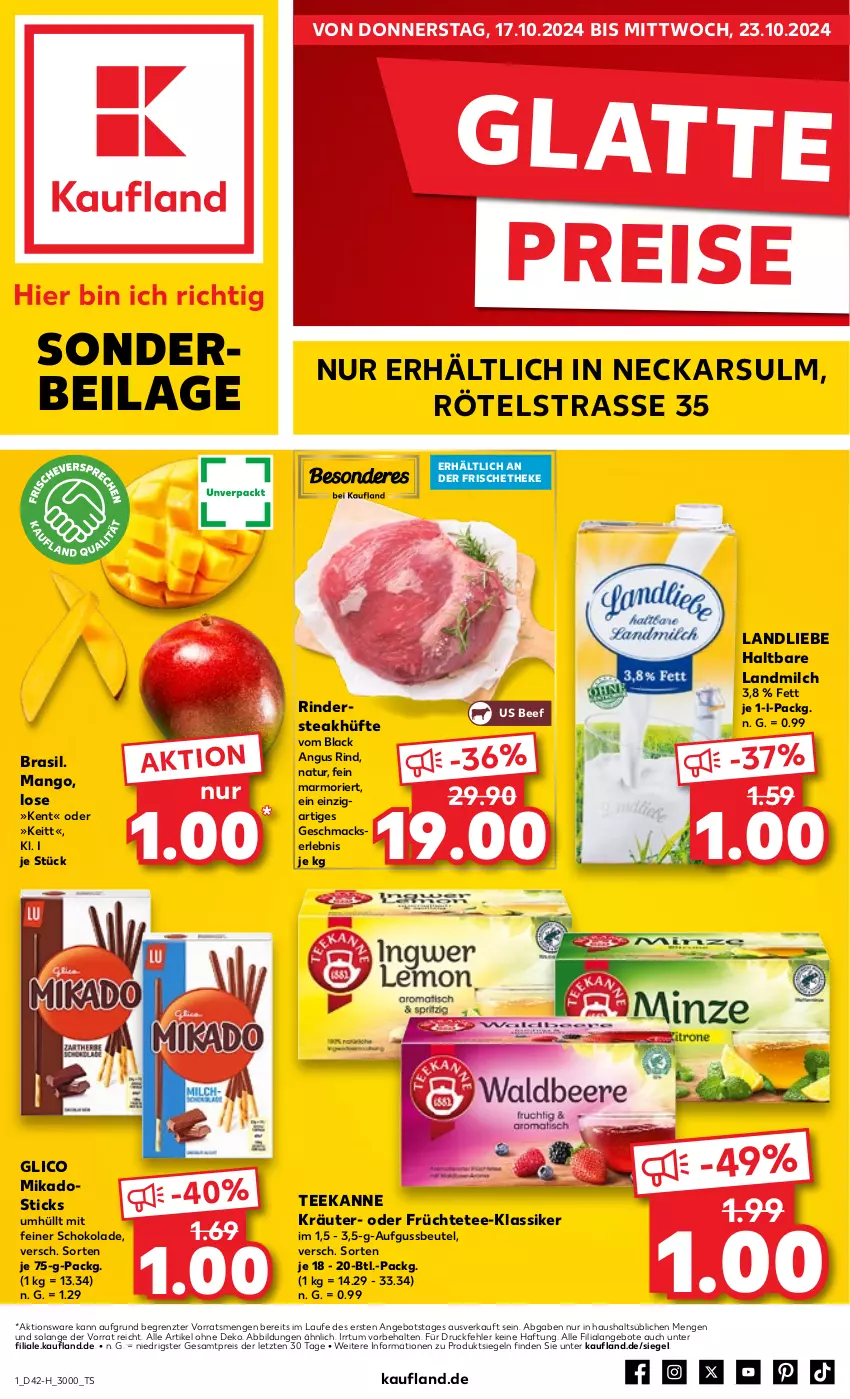 Aktueller Prospekt Kaufland - Extra-Angebote - von 17.10 bis 23.10.2024 - strona 1 - produkty: angebot, angebote, beef, beutel, eis, früchte, Früchtetee, ilag, kräuter, lack, landliebe, landmilch, latte, mac, mango, mikado, milch, natur, reis, rind, rinder, Rindersteak, schoko, schokolade, steak, steakhüfte, tee, teekanne, Ti, ZTE